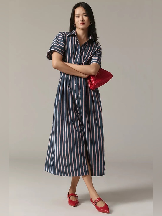 Anthropologie Dresses & Skirts - NWT Anthropologie The Tobie Shirt Dress by Exquise Striped Maxi Navy Pink XXS